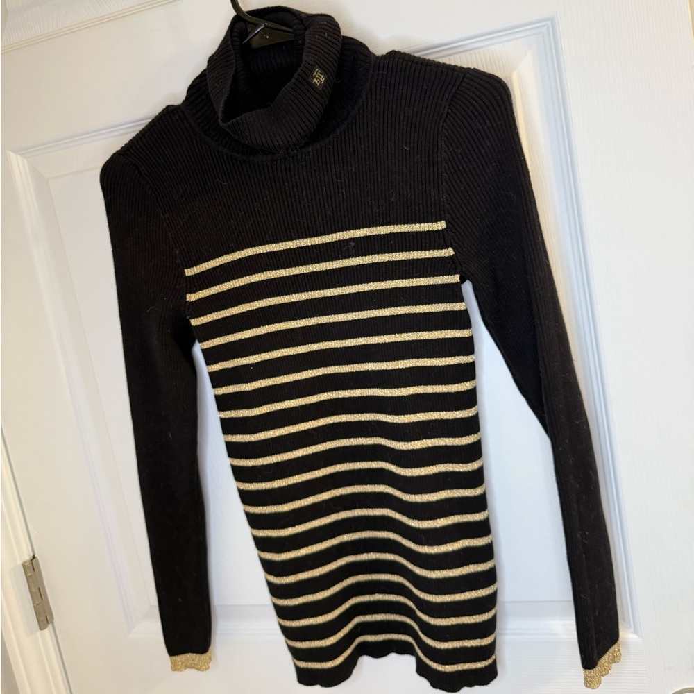 Ralph Lauren Sweater Womens sz s Black Gold Shimmer Ribbed Knit Turtleneck LRL
